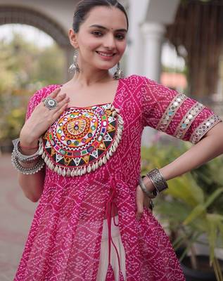 women bandhani print cotton lehenga choli with kutchi patchwork - free size 4