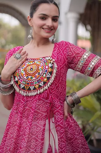 women bandhani print cotton lehenga choli with kutchi patchwork - free size