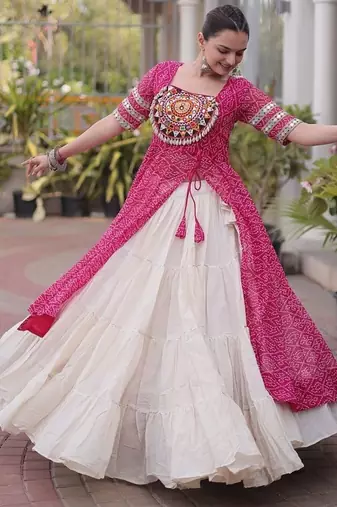 women bandhani print cotton lehenga choli with kutchi patchwork - free size