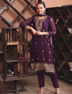 Wine sequins embroidered faux georgette stitched salwar kameez 1