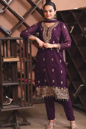 Wine sequins embroidered faux georgette stitched salwar kameez