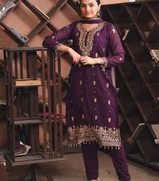 Wine sequins embroidered faux georgette stitched salwar kameez