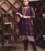 Wine sequins embroidered faux georgette stitched salwar kameez