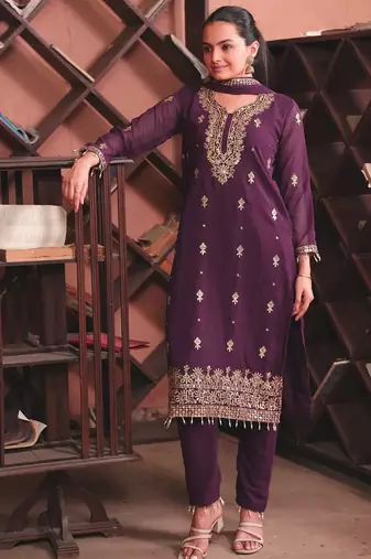 Wine sequins embroidered faux georgette stitched salwar kameez