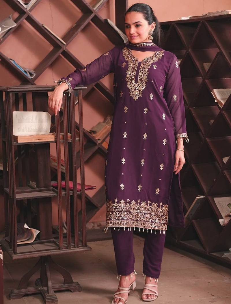 Wine sequins embroidered faux georgette stitched salwar kameez
