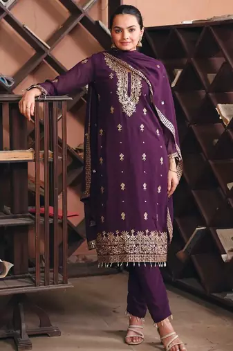 Wine sequins embroidered faux georgette stitched salwar kameez