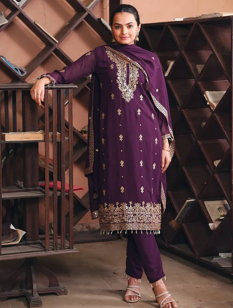 Wine sequins embroidered faux georgette stitched salwar kameez
