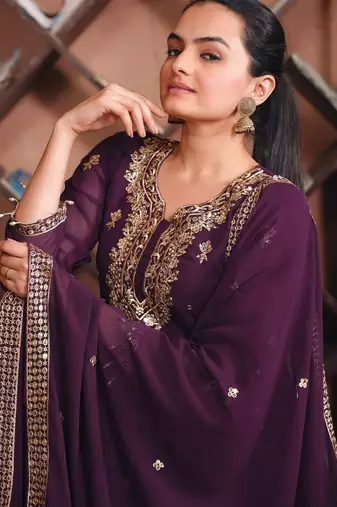 Wine sequins embroidered faux georgette stitched salwar kameez