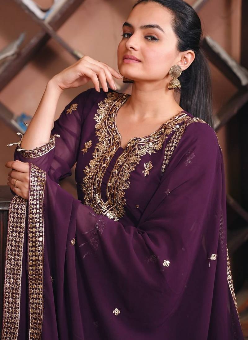 Wine sequins embroidered faux georgette stitched salwar kameez