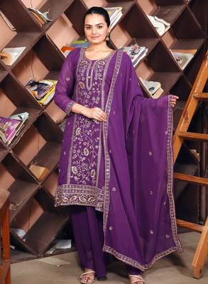 Purple sequins embroidered faux georgette stitched salwar kameez 1