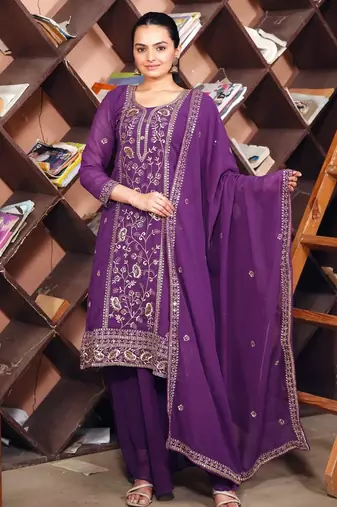 Purple sequins embroidered faux georgette stitched salwar kameez