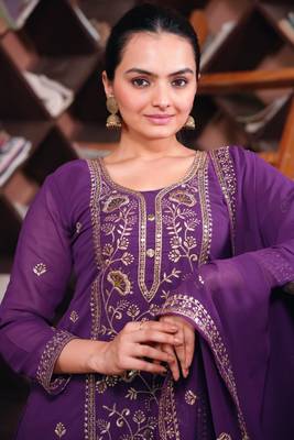 Purple sequins embroidered faux georgette stitched salwar kameez 3