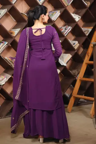 Purple sequins embroidered faux georgette stitched salwar kameez