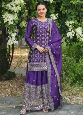 Purple sequins embroidered chinon stitched salwar kameez 1