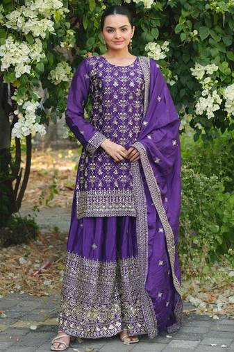 Purple sequins embroidered chinon stitched salwar kameez