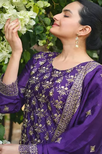 Purple sequins embroidered chinon stitched salwar kameez