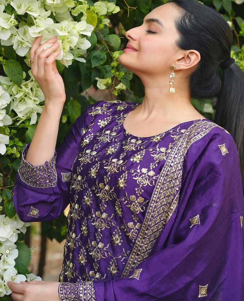 Purple sequins embroidered chinon stitched salwar kameez