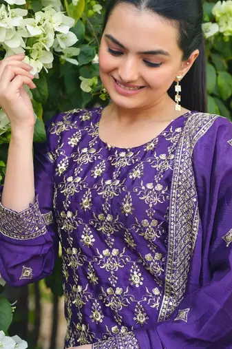 Purple sequins embroidered chinon stitched salwar kameez