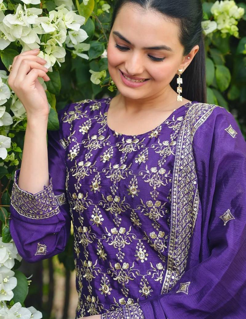 Purple sequins embroidered chinon stitched salwar kameez