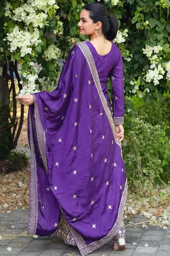 Purple sequins embroidered chinon stitched salwar kameez