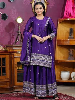 Purple sequins embroidered chinon stitched salwar kameez 1