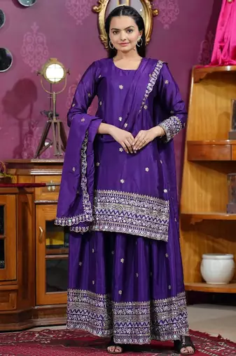 Purple sequins embroidered chinon stitched salwar kameez