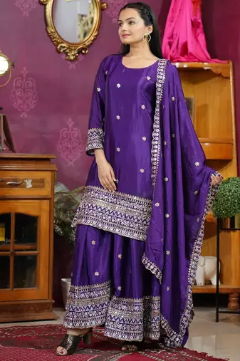 Purple sequins embroidered chinon stitched salwar kameez