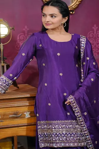 Purple sequins embroidered chinon stitched salwar kameez