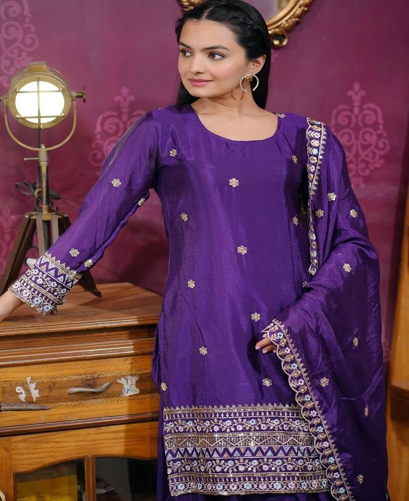 Purple sequins embroidered chinon stitched salwar kameez