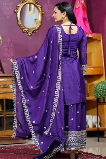 Purple sequins embroidered chinon stitched salwar kameez