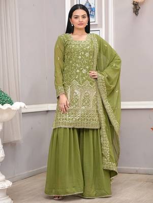 Parrot-green sequins embroidered faux georgette stitched salwar kameez 1