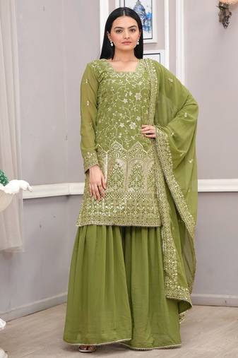 Parrot-green sequins embroidered faux georgette stitched salwar kameez