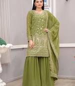 Parrot-green sequins embroidered faux georgette stitched salwar kameez
