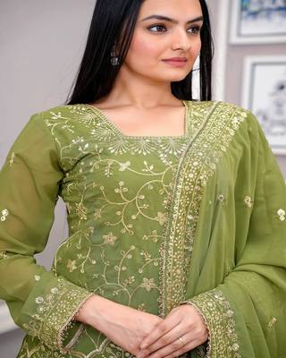 Parrot-green sequins embroidered faux georgette stitched salwar kameez 2
