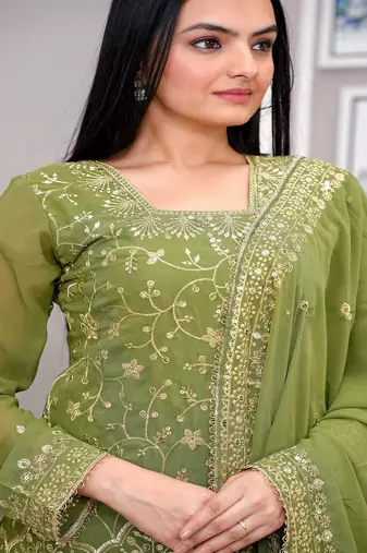 Parrot-green sequins embroidered faux georgette stitched salwar kameez