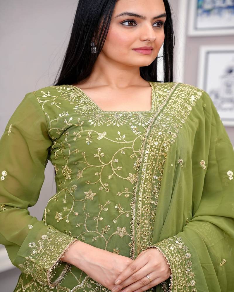 Parrot-green sequins embroidered faux georgette stitched salwar kameez