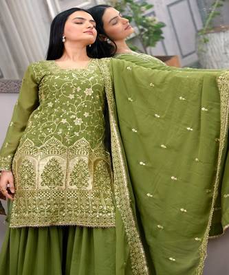 Parrot-green sequins embroidered faux georgette stitched salwar kameez 3