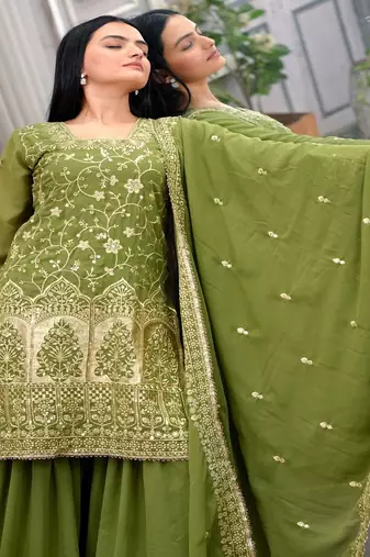 Parrot-green sequins embroidered faux georgette stitched salwar kameez