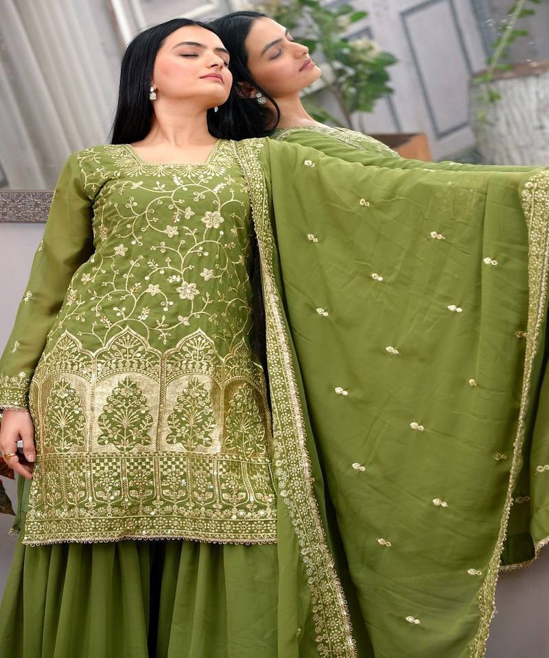 Parrot-green sequins embroidered faux georgette stitched salwar kameez