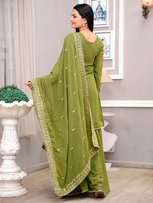 Parrot-green sequins embroidered faux georgette stitched salwar kameez 4