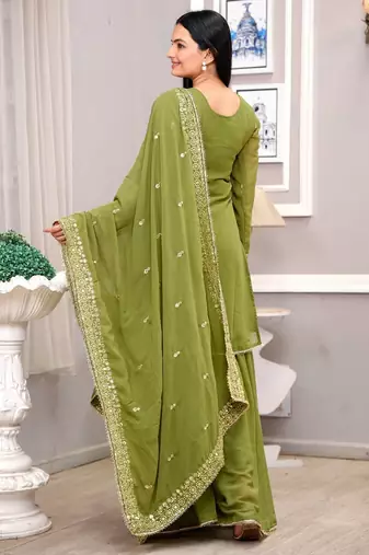 Parrot-green sequins embroidered faux georgette stitched salwar kameez