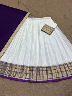 South Indian Traditional Half Saree in Off-White & Deep Violet Blue 2
