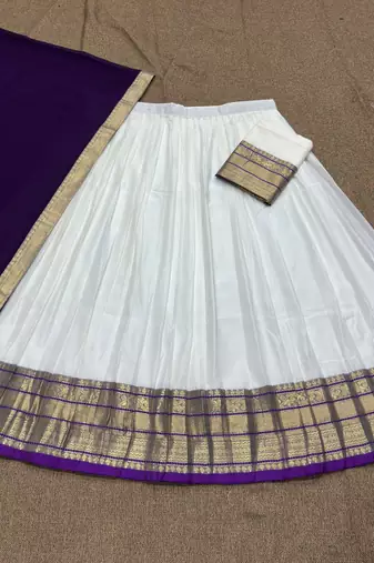 South Indian Traditional Half Saree in Off-White & Deep Violet Blue