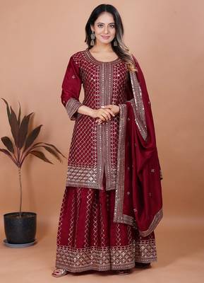 Maroon sequins embroidered chinon stitched salwar kameez 1