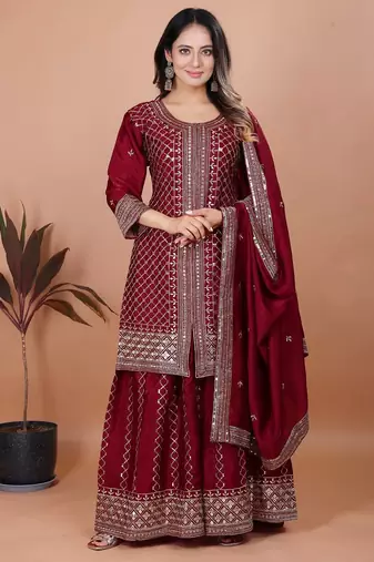 Maroon sequins embroidered chinon stitched salwar kameez