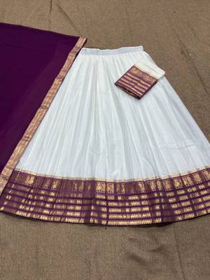 Off-White & Purple  Half Saree Set with Contrast Zari Border and Unstitched Blouse Piece 2