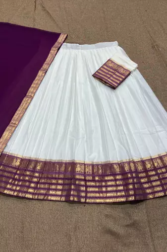 Off-White & Purple  Half Saree Set with Contrast Zari Border and Unstitched Blouse Piece