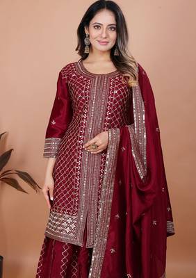 Maroon sequins embroidered chinon stitched salwar kameez 3