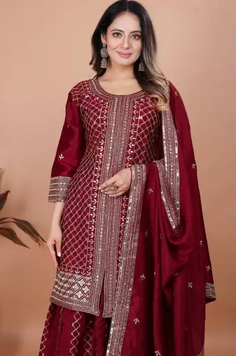 Maroon sequins embroidered chinon stitched salwar kameez