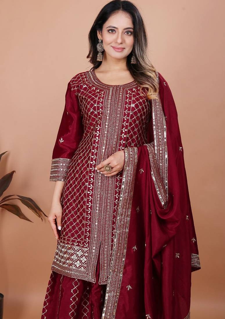 Maroon sequins embroidered chinon stitched salwar kameez